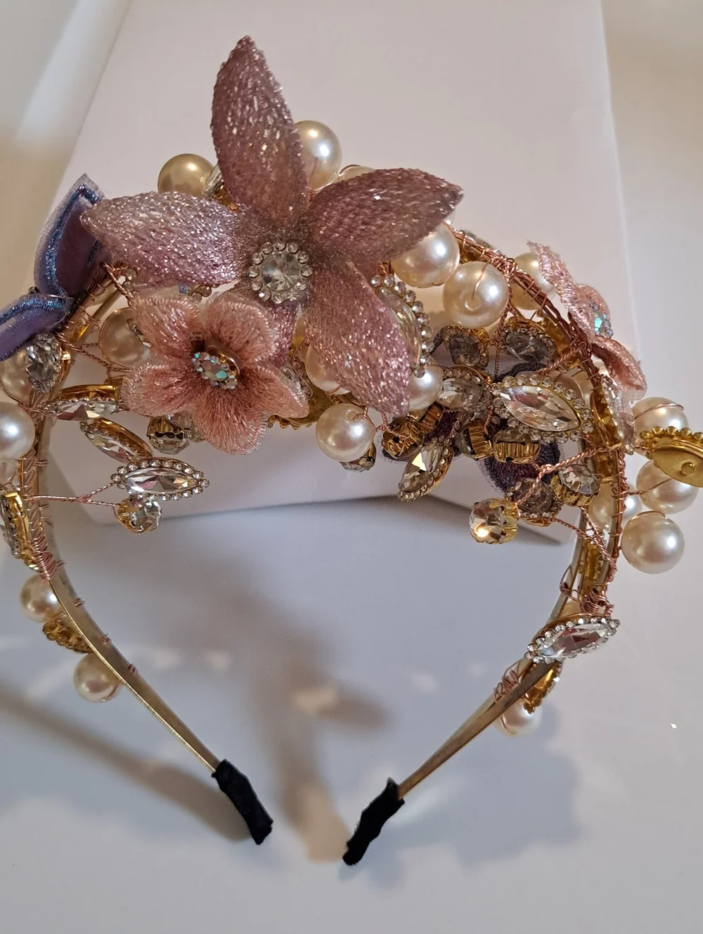 Rhinestone Tiara with Floral and Pearl Accents